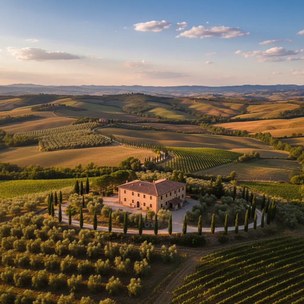 Villa toscane avec vignoble et collines verdoyantes au coucher du soleil